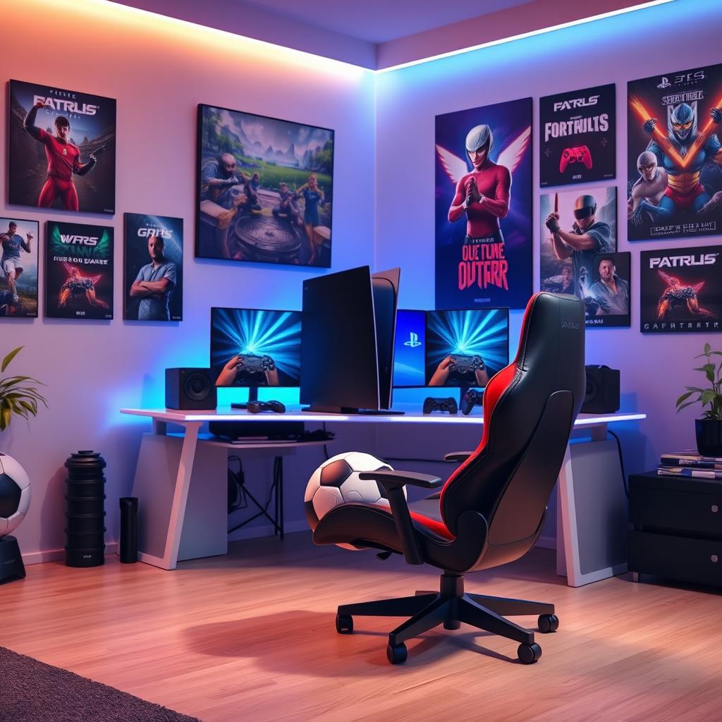 A vibrant gaming space featuring a PlayStation PS5 console prominently displayed on a sleek gaming desk, surrounded by modern game accessories