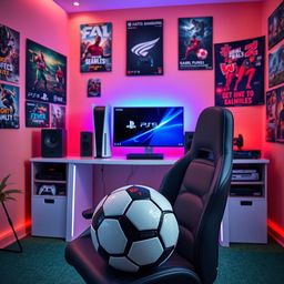 A vibrant gaming space featuring a PlayStation PS5 console prominently displayed on a sleek gaming desk, surrounded by modern game accessories