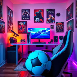 A vibrant gaming space featuring a PlayStation PS5 console prominently displayed on a sleek gaming desk, surrounded by modern game accessories