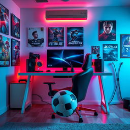 A vibrant gaming space featuring a PlayStation PS5 console prominently displayed on a sleek gaming desk, surrounded by modern game accessories