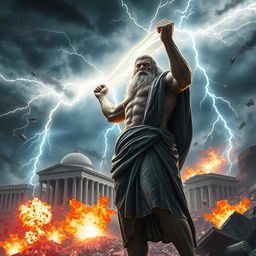 The scene depicts the anger of Zeus, surrounded by a stormy sky filled with dramatic lightning bolts