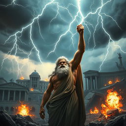 The scene depicts the anger of Zeus, surrounded by a stormy sky filled with dramatic lightning bolts