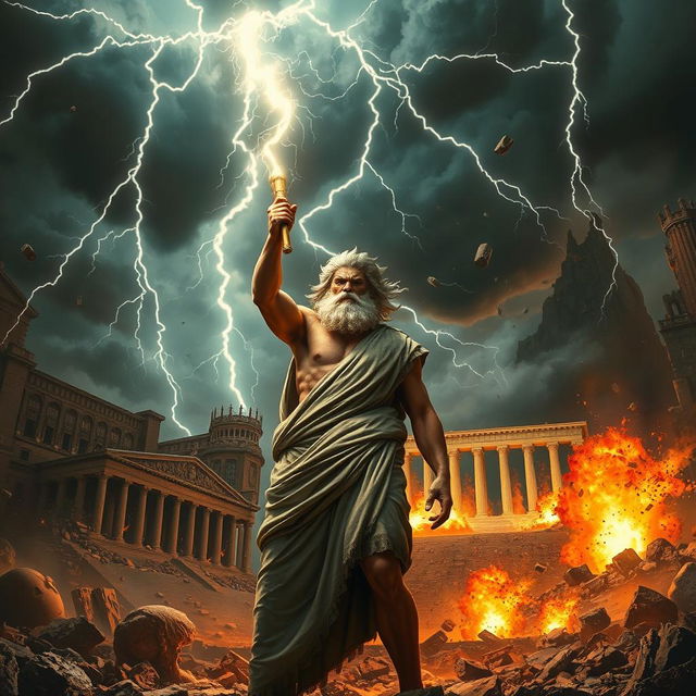 The scene depicts the anger of Zeus, surrounded by a stormy sky filled with dramatic lightning bolts