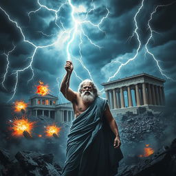 The scene depicts the anger of Zeus, surrounded by a stormy sky filled with dramatic lightning bolts