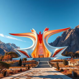 The mausoleum of an Iranian hero, prominently located in the mountains, featuring breathtaking architecture inspired by the phoenix, designed in a neo-futurism style