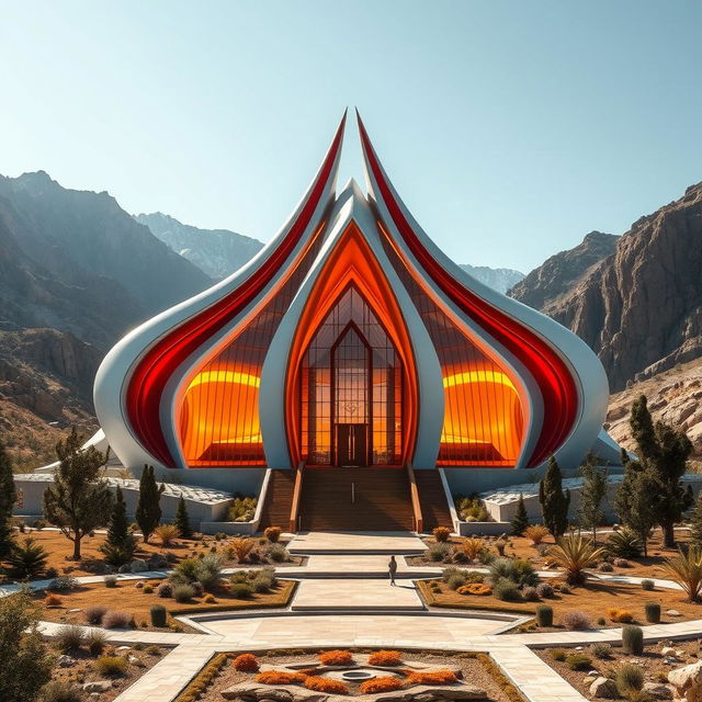 The mausoleum of an Iranian hero, prominently located in the mountains, featuring breathtaking architecture inspired by the phoenix, designed in a neo-futurism style