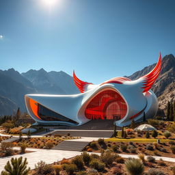 The mausoleum of an Iranian hero, prominently located in the mountains, featuring breathtaking architecture inspired by the phoenix, designed in a neo-futurism style