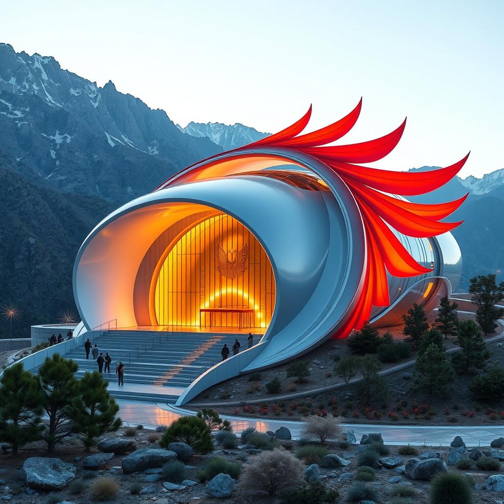 The mausoleum of an Iranian hero, prominently located in the mountains, featuring breathtaking architecture inspired by the phoenix, designed in a neo-futurism style