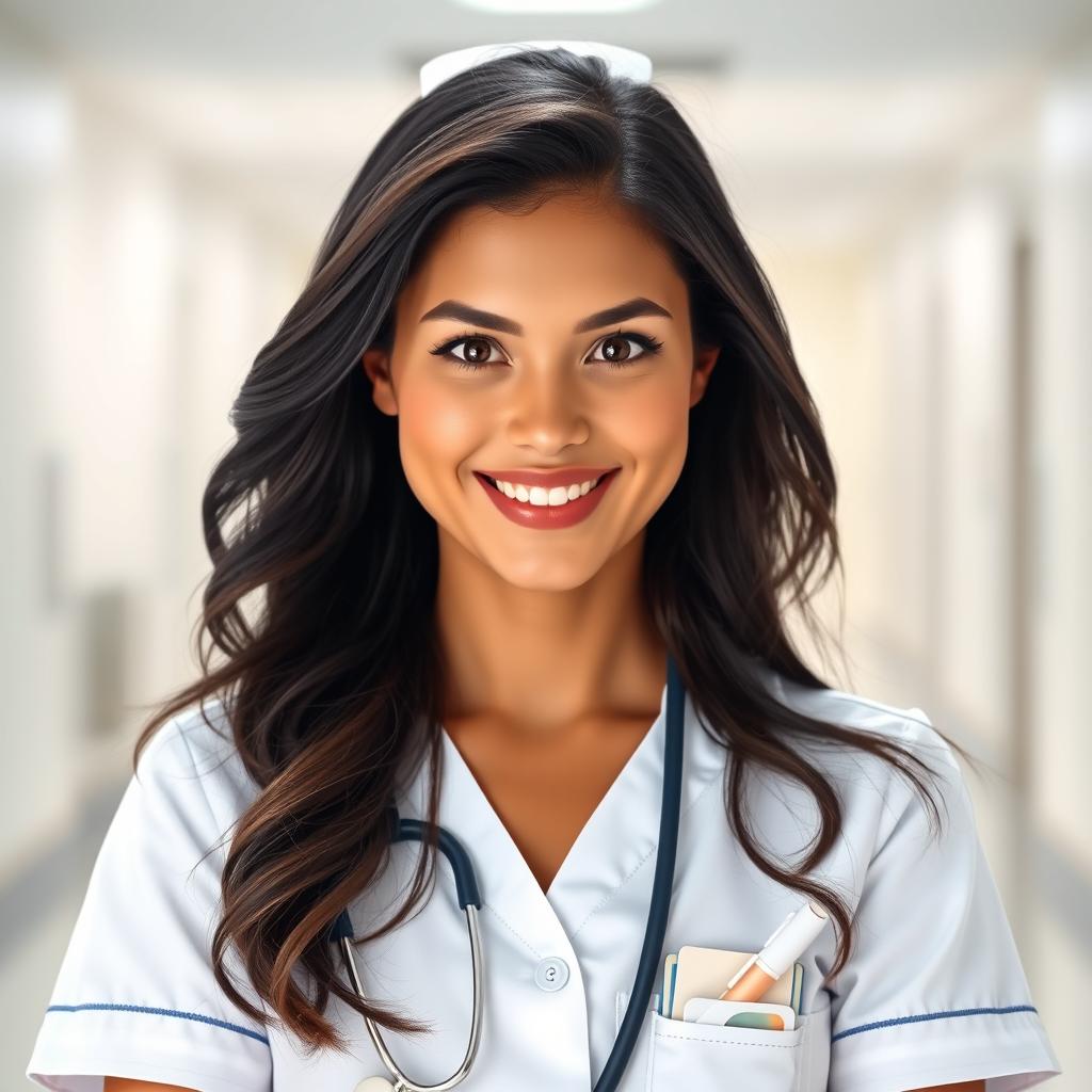 A stunning female nurse in a crisp white nurse uniform, exuding professionalism and charm