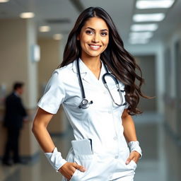 A stunning female nurse in a crisp white nurse uniform, exuding professionalism and charm