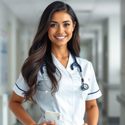 A stunning female nurse in a crisp white nurse uniform, exuding professionalism and charm