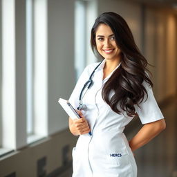 A stunning female nurse in a crisp white nurse uniform, exuding professionalism and charm