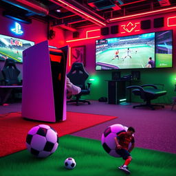 A vibrant gaming environment showcasing a PlayStation PS5 console prominently displayed in a high-tech gamenet space