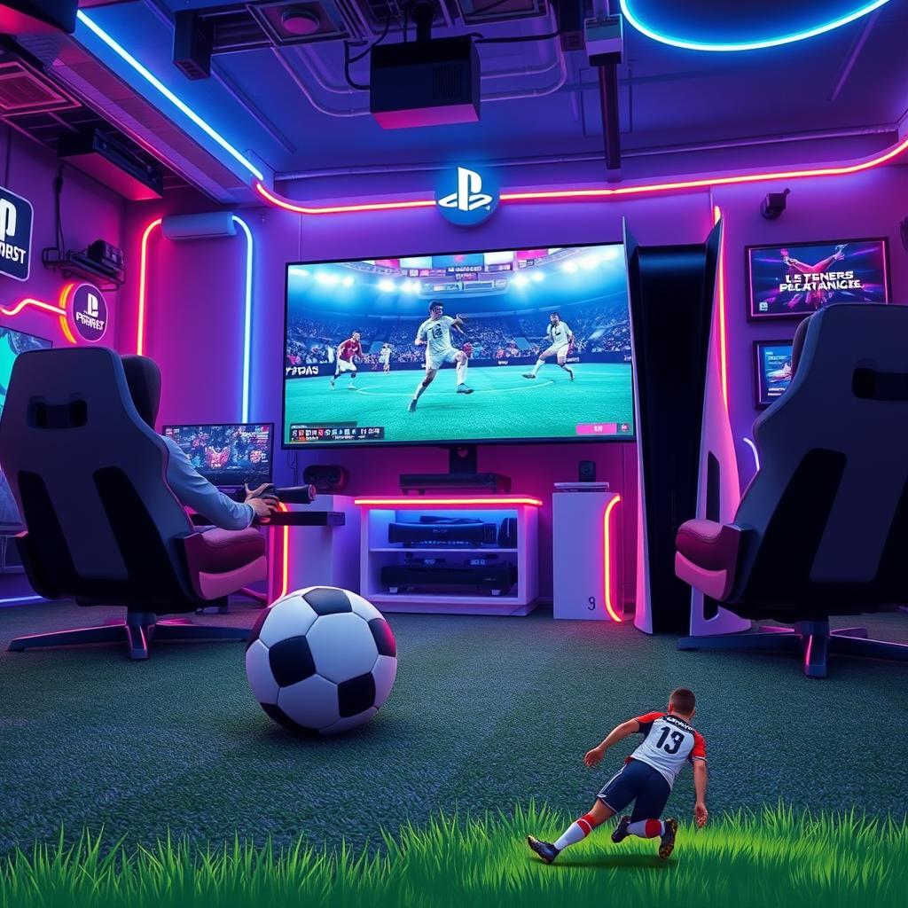 A vibrant gaming environment showcasing a PlayStation PS5 console prominently displayed in a high-tech gamenet space