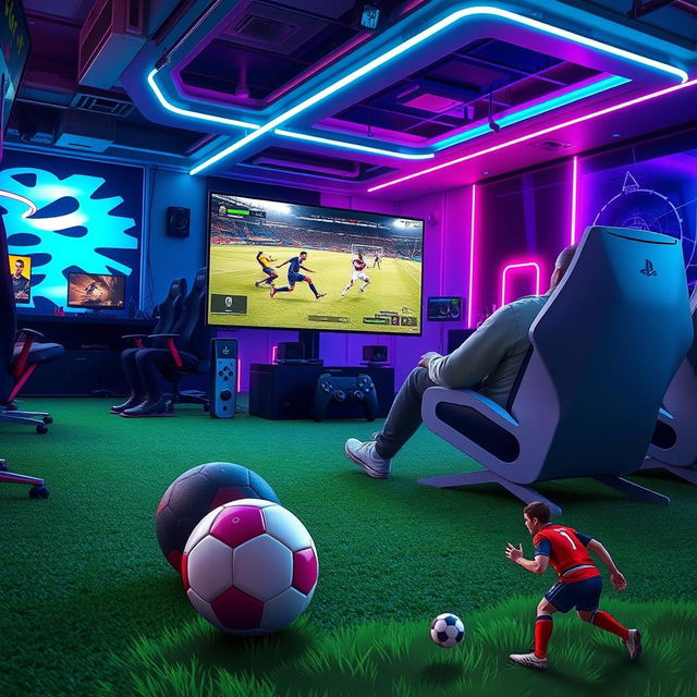 A vibrant gaming environment showcasing a PlayStation PS5 console prominently displayed in a high-tech gamenet space