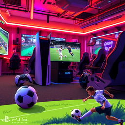 A vibrant gaming environment showcasing a PlayStation PS5 console prominently displayed in a high-tech gamenet space