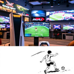 A lively gaming scene featuring a PlayStation PS5 console prominently displayed in a modern gamenet space