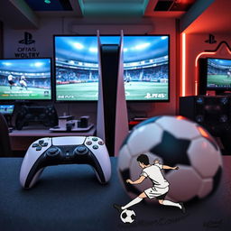 A lively gaming scene featuring a PlayStation PS5 console prominently displayed in a modern gamenet space