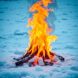 A striking visual of a vibrant fire burning fiercely in the midst of a vast expanse of ice and snow, with swirling flames creating a warm and contrasting glow against the cold, icy blue background