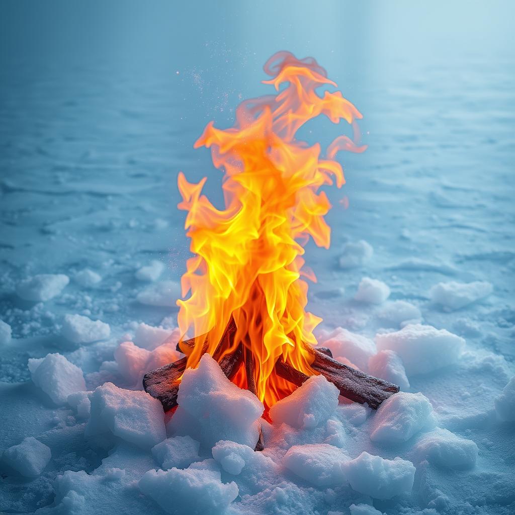 A striking visual of a vibrant fire burning fiercely in the midst of a vast expanse of ice and snow, with swirling flames creating a warm and contrasting glow against the cold, icy blue background