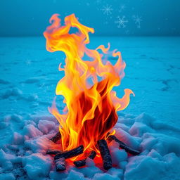 A striking visual of a vibrant fire burning fiercely in the midst of a vast expanse of ice and snow, with swirling flames creating a warm and contrasting glow against the cold, icy blue background