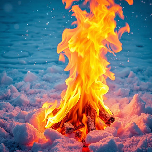 A striking visual of a vibrant fire burning fiercely in the midst of a vast expanse of ice and snow, with swirling flames creating a warm and contrasting glow against the cold, icy blue background