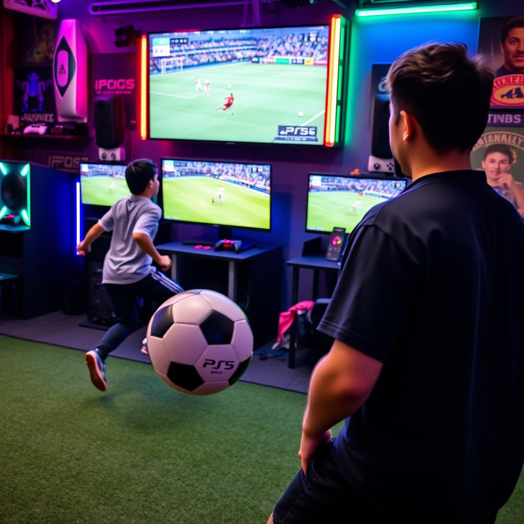 An engaging scene set in a gamenet where one person is immersed in playing FIFA on a PlayStation PS5 console, with a large screen displaying an exciting soccer match