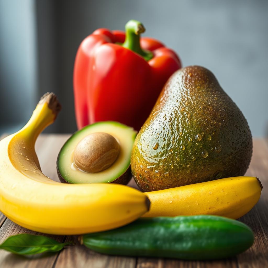 A visually stunning arrangement of four naked fresh nutritious foods placed elegantly on a wooden table