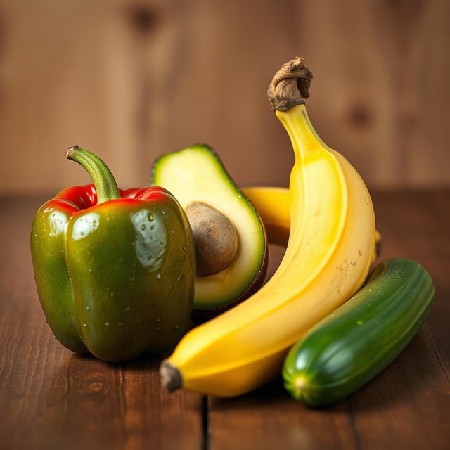 A visually stunning arrangement of four naked fresh nutritious foods placed elegantly on a wooden table