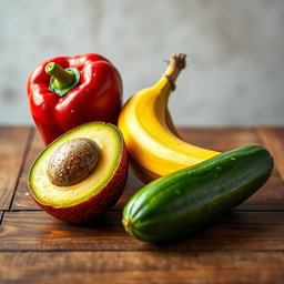 A visually stunning arrangement of four naked fresh nutritious foods placed elegantly on a wooden table