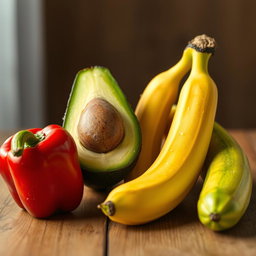A visually stunning arrangement of four naked fresh nutritious foods placed elegantly on a wooden table