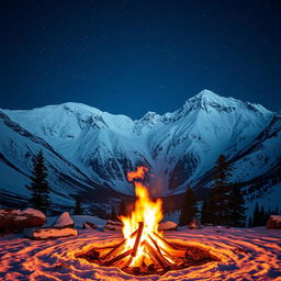 A stunning scene of a blazing campfire set against a breathtaking backdrop of snow-capped mountains