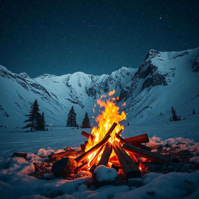 A stunning scene of a blazing campfire set against a breathtaking backdrop of snow-capped mountains