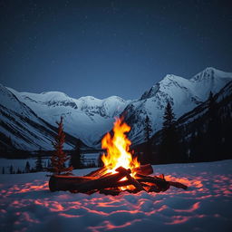 A stunning scene of a blazing campfire set against a breathtaking backdrop of snow-capped mountains