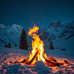 A stunning scene of a blazing campfire set against a breathtaking backdrop of snow-capped mountains