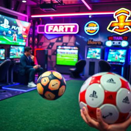 A dynamic scene featuring a person engrossed in playing FIFA on a PlayStation PS5 console in a vibrant gamenet