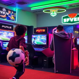 A dynamic scene featuring a person engrossed in playing FIFA on a PlayStation PS5 console in a vibrant gamenet