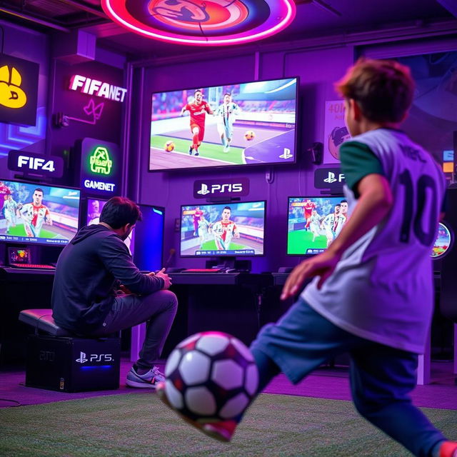 A dynamic scene featuring a person engrossed in playing FIFA on a PlayStation PS5 console in a vibrant gamenet