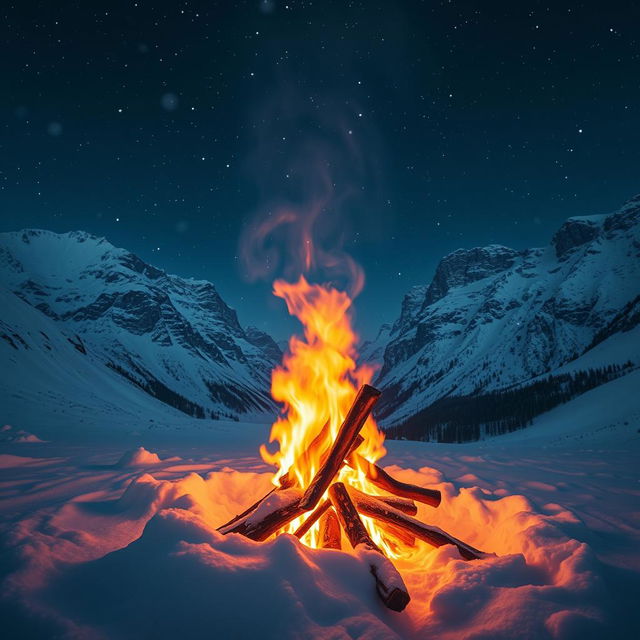 A mesmerizing scene featuring a vibrant fire burning brightly in the midst of majestic snow-covered mountains