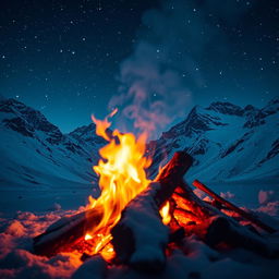 A mesmerizing scene featuring a vibrant fire burning brightly in the midst of majestic snow-covered mountains