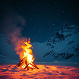 A mesmerizing scene featuring a vibrant fire burning brightly in the midst of majestic snow-covered mountains