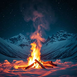 A mesmerizing scene featuring a vibrant fire burning brightly in the midst of majestic snow-covered mountains
