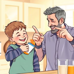 A humorous scene of a father and son in a light-hearted interaction