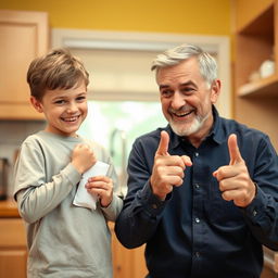 A humorous scene of a father and son in a light-hearted interaction