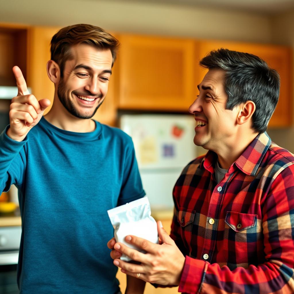 A humorous scene of a father and son in a light-hearted interaction