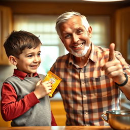 A humorous scene of a father and son in a light-hearted interaction