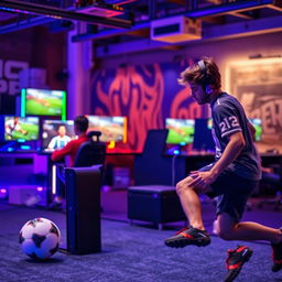 A vibrant scene depicting a person deeply engaged in playing FIFA on a PlayStation PS5 console set in a lively gamenet environment