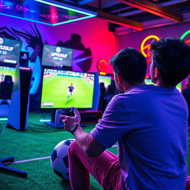 A vibrant scene depicting a person deeply engaged in playing FIFA on a PlayStation PS5 console set in a lively gamenet environment