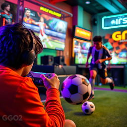 A vibrant scene depicting a person deeply engaged in playing FIFA on a PlayStation PS5 console set in a lively gamenet environment