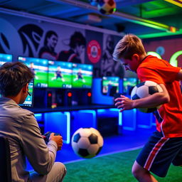 A vibrant scene depicting a person deeply engaged in playing FIFA on a PlayStation PS5 console set in a lively gamenet environment